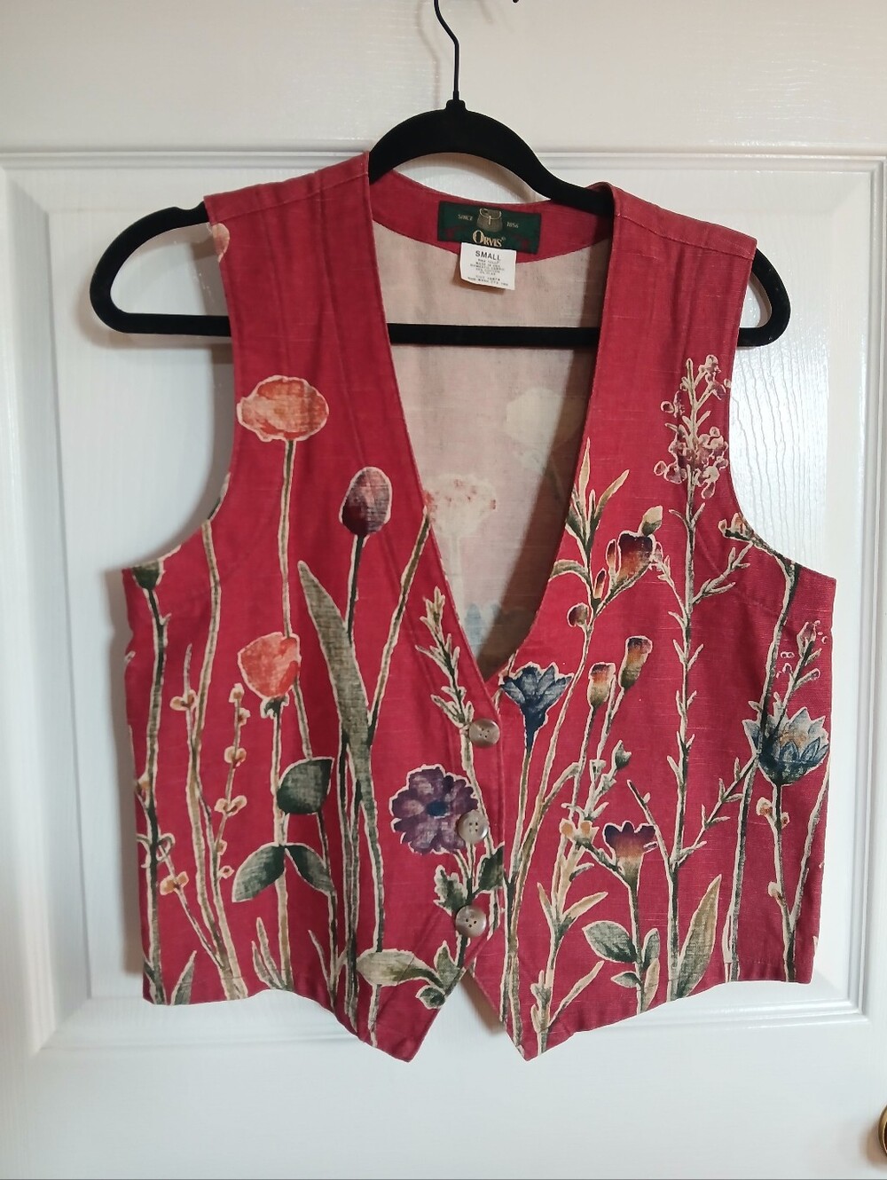 Vintage Orvis Cotton/Flax Red Floral V-Neck Women's Vest Country Teacher